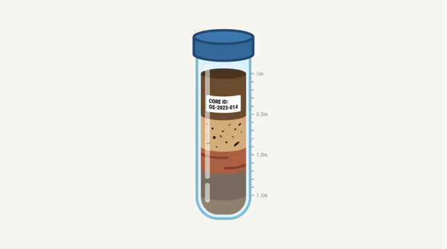 Detailed geological core sample tube illustration showing distinct soil layers and sediment composition