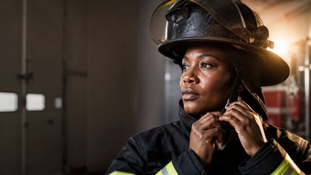 Black female firefighter fastening her helmet and preparing for duty in a fire station. She looks focused and determined with protective gear and warm lighting.