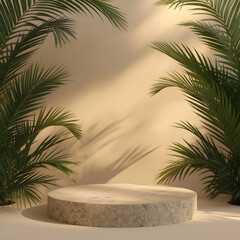 Fototapeta premium Luxury Tropical Stone Podium with Palm Leaves for Summer Product Display