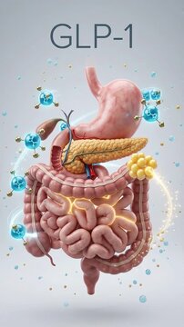 3d human digestive system animation showing glp 1 treatment effect on stomach pancreas intestine with molecular structures highlighting digestive process and medical concept illustration