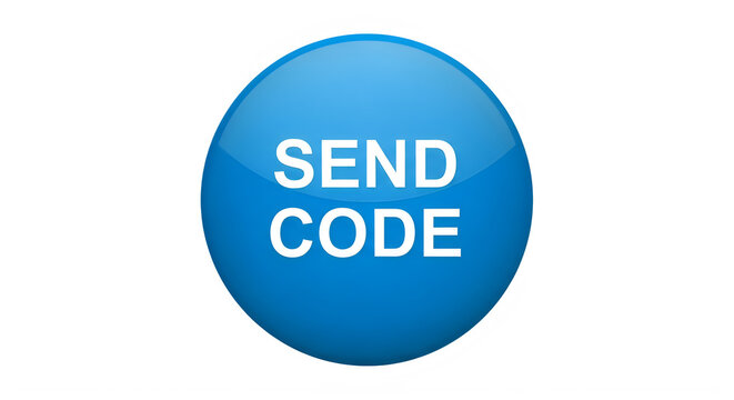 Blue circular button with white send code text isolated on transparent background