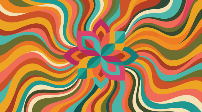 Abstract colorful wavy background with a geometric lotus flower in the center, retro psychedelic art style