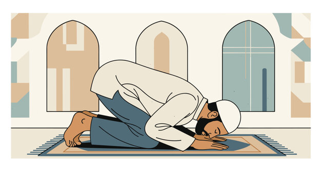 Muslim man in traditional clothing performing prayer prostration on rug inside mosque with decorative windows.