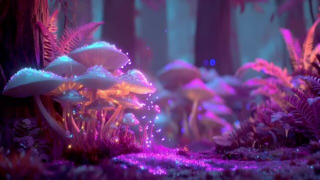 Fantasy, mysterious, wallpaper. A vivid, fantastical depiction of a magical forest scene. A cluster of illuminated mushrooms, each with a unique shape and texture, is the main subject.