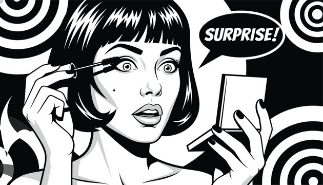 Surprised woman with black hair applying mascara while looking into compact mirror black and white pop art style.