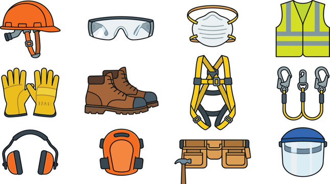 Personal Protective Equipment Icon Set with Safety Helmet, Respirator, Reflective Vest, Fall Protection Harness, Face Shield, and Industrial PPE Collection