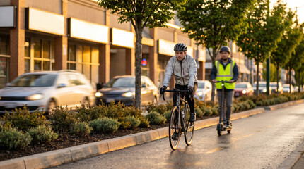 Naklejka premium Golden Hour Protected Bike Lane Motion Along Modern Main Street