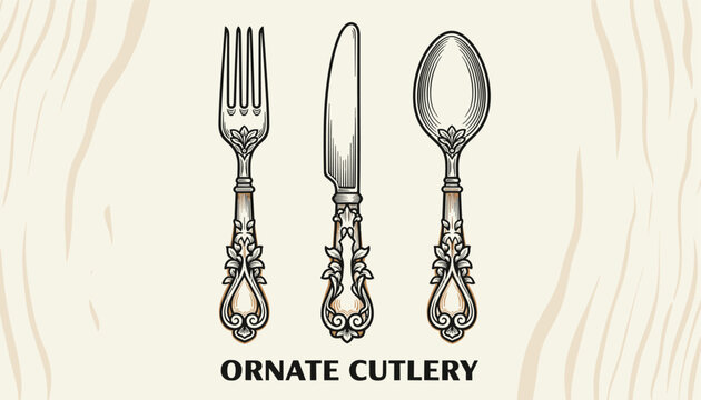 Set of ornate vintage cutlery including a fork, knife, and spoon with decorative handles on wood texture.