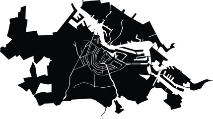 Black and white vector silhouette map of Amsterdam city, featuring intricate canal rings, urban planning layout, and geographic cartography design. © Farhana