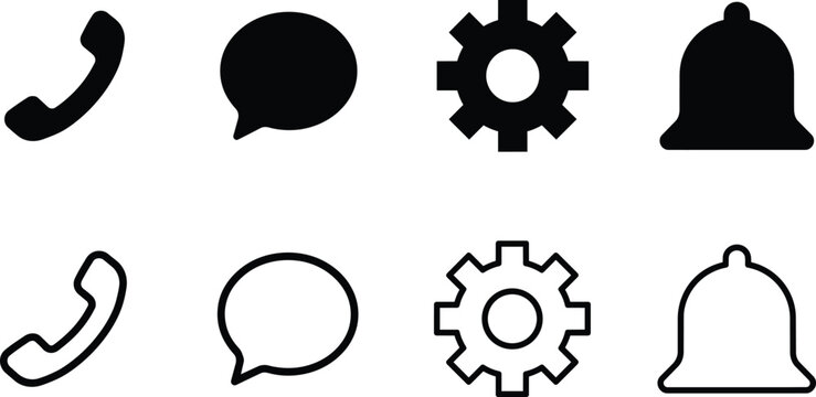 Universal interface icons set featuring telephone, chat bubble, mechanical gear, and notification bell in black and outlined strokes in outline