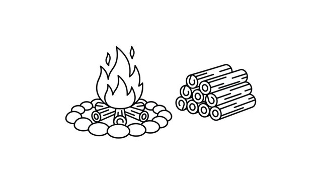 Simple line drawing of a burning campfire with logs and stones next to a neat stack of cut firewood.