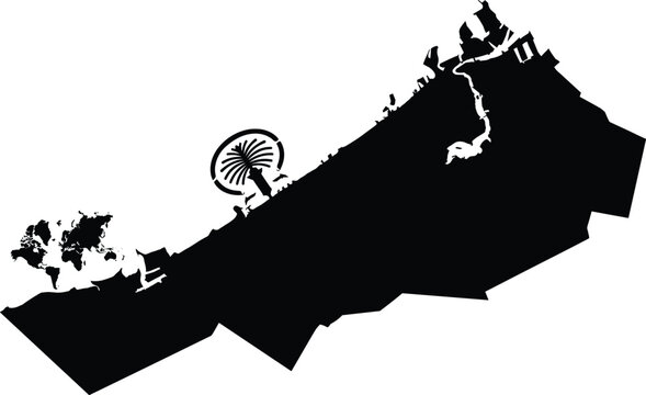 Black silhouette map of Dubai city coastline featuring Palm Jumeirah and World Islands isolated on a solid white background vector