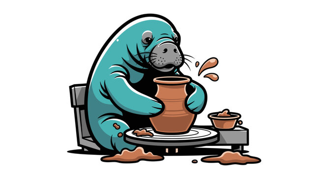 Manatee making a clay pot on a pottery wheel.