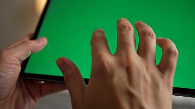 ?Hands interacting with tablet's green screen in cozy room setting