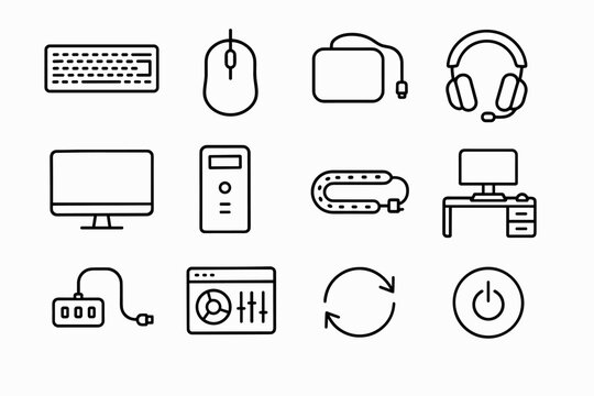 RGB Gaming Setup Icons. RGB gaming setup peripherals. Line outline icon set of RGB gaming setup peripherals: