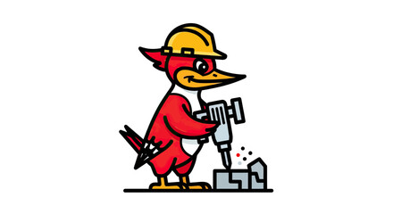 Fototapeta premium Woodpecker wearing a hard hat using a jackhammer.