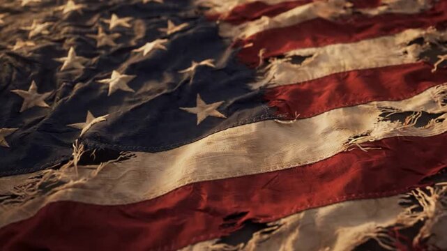 Worn american flag waving in wind: distressed vintage usa banner symbolizing patriotism, history, and resilience in cinematic golden hour light