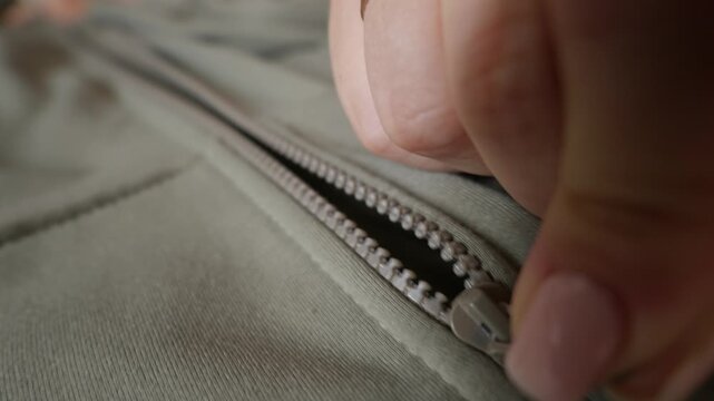 Female fingers with pale pink nail polish gently pull the metal slider of a zipper on an olive green jacket. The hand carefully fastens the casual sweatshirt fabric together.