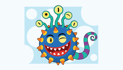 Fototapeta premium Playful blue monster with multiple eyes and long striped tail winks while standing against soft blue background.