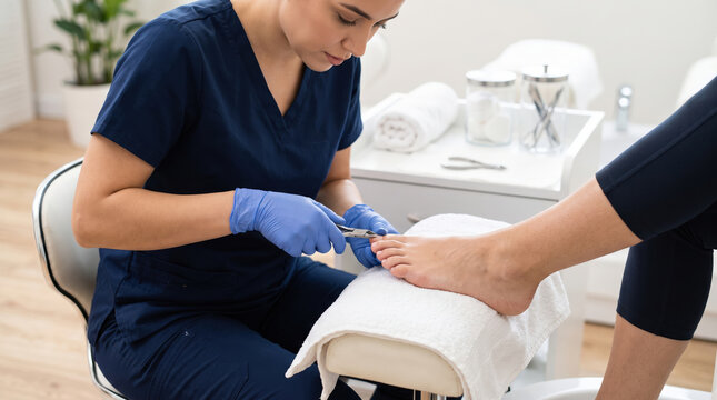 Nail technician performs pedicure on client in a bright salon du