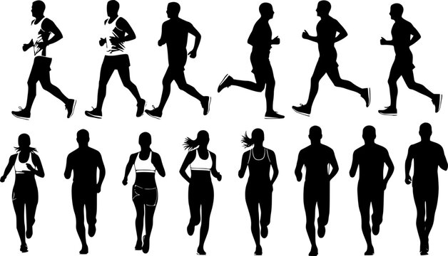 Running men and women, isolated vector silhouettes. Run, side and front view. Silhouettes of athletic looking male and female runners running. Transparent EPS version.