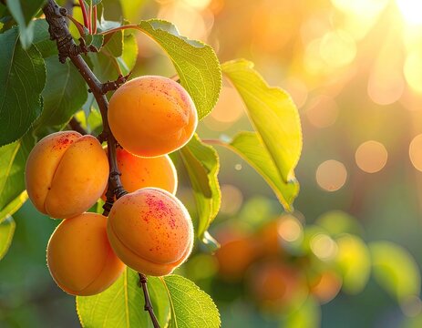 Ripe apricots hang on a sun-drenched branch, bathed in warm golden light
