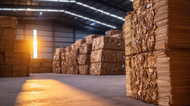 A warehouse filled with neatly stacked cardboard boxes illuminated by warm sunlight from the back
