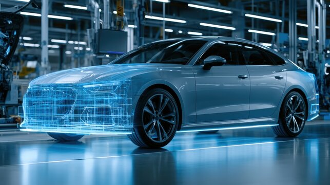 Glowing holographic digital roadmap and product planning strategy floating above a modern automotive assembly line, B2B concept.
