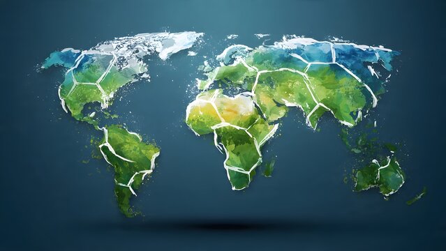 Artistic watercolor painting of world map in green and blue hues with geometric lines and splatters on dark background