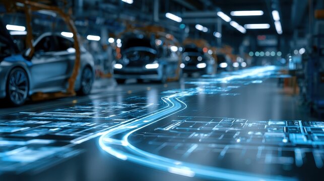 Glowing holographic digital roadmap and product planning strategy floating above a modern automotive assembly line, B2B concept.
