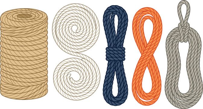 Rope and cord collection featuring coiled rope, braided rope, climbing rope, nautical rope loops, and durable twisted cord illustrations