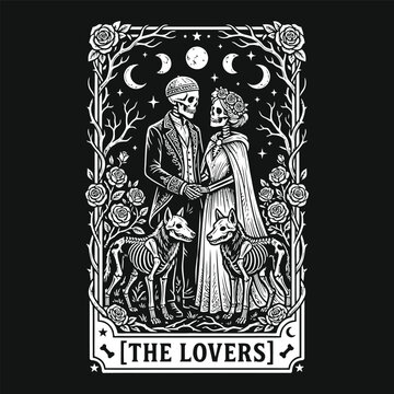 Funny skeleton halloween tarot card 'the lovers' spooky skeleton couple with canine companions vintage engraving