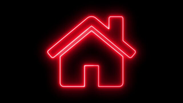  Glowing neon home button icon animation. Neon line home icon. House icon neon glowing light on black background 4K video animation.