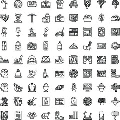 Fototapeta premium Black and white line art depicting a large group of diverse icons and symbols, illustrating a wide range of common objects, concepts, and activities in a clean graphic style