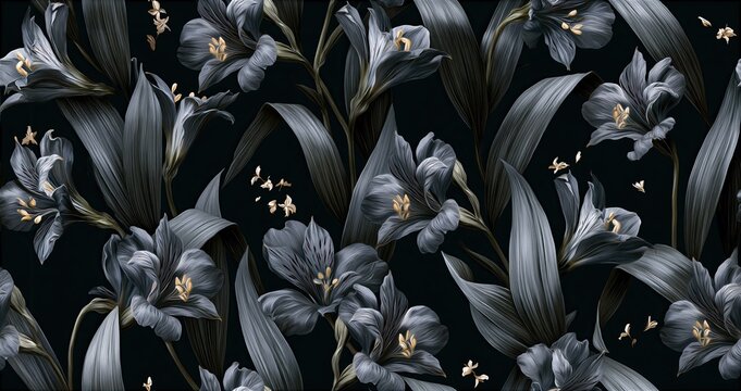 Sophisticated textile pattern showcasing muted flowers and leaves with gentle gradients on a dark background.