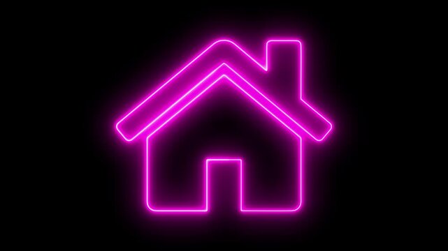  Glowing neon home button icon animation. Neon line home icon. House icon neon glowing light on black background 4K video animation.