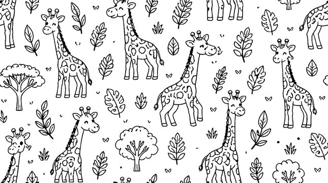 Playful giraffe pattern with trees and leaves illustration.