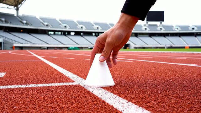 Low-Angle Shot of a Hand Placing a Cone on a Red Synthetic Running Track in an Empty Stadium