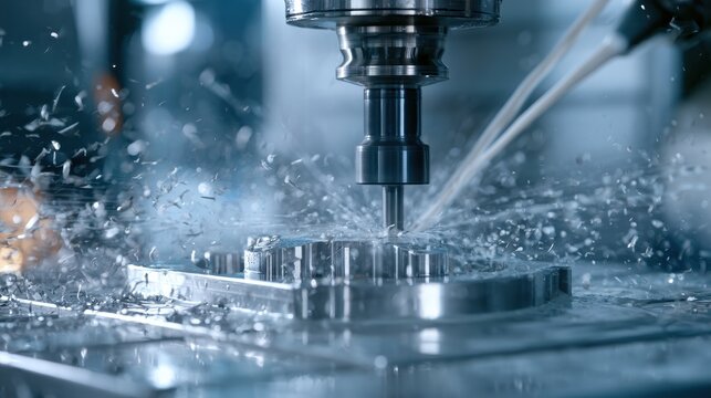 Extreme close up of a 5-axis CNC machine milling a complex aerospace titanium component, cutting fluid splashing dynamically.