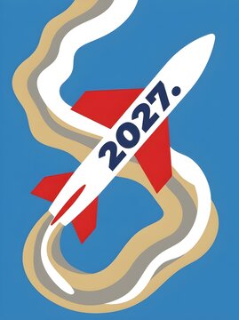 A graphic illustration of a white and red rocket launching into a blue sky with '2027.' written on its side, leaving a stylized smoke trail.