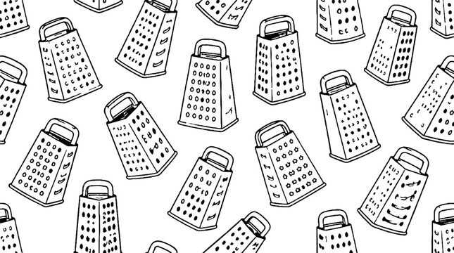 Repeating pattern of kitchen graters in black and white.