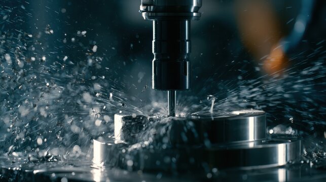 Extreme close up of a 5-axis CNC machine milling a complex aerospace titanium component, cutting fluid splashing dynamically.