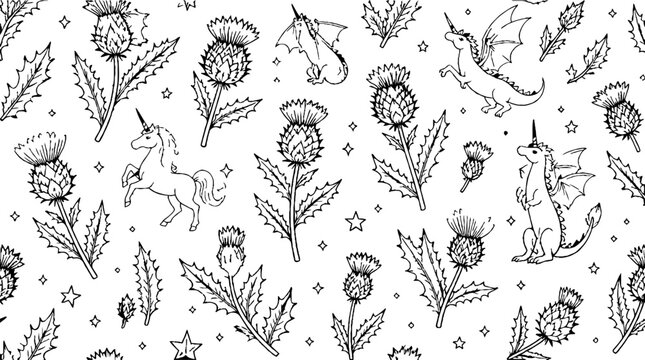 Whimsical Unicorn and Thistle Illustration Pattern.