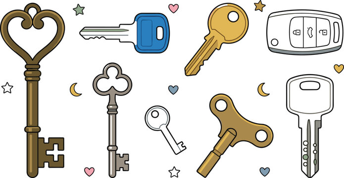 Vintage and modern key collection featuring skeleton keys, house keys, car keys, wind up key, smart key fob, and security access illustrations