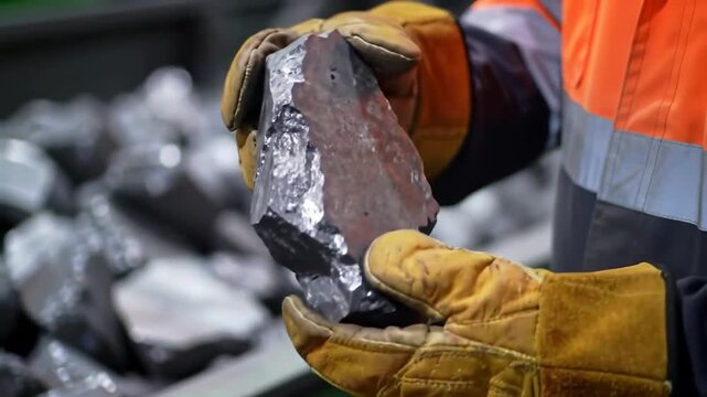 Macro Close-Up of Workers Hands in Heavy-Duty Leather Gloves Holding Raw Metal Ore in Industrial Setting
