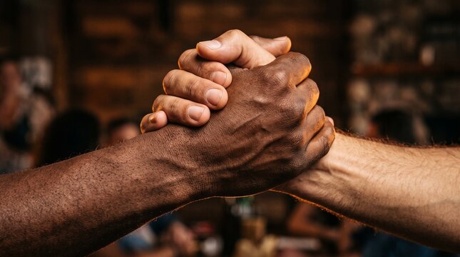 Close up of two diverse men's hands firmly shaking in a warm, dimly lit indoor setting showcasing skin texture and connection