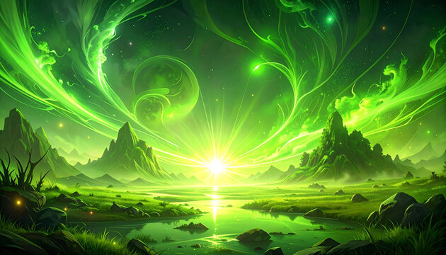 Fantasy Green Aurora Landscape