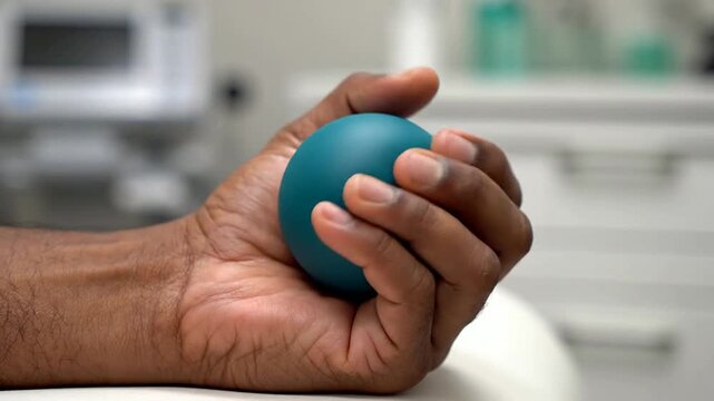 Macro Shot of a Hand Squeezing a Therapy Ball for Post-Surgery Grip Exercises in a Healthcare Setting