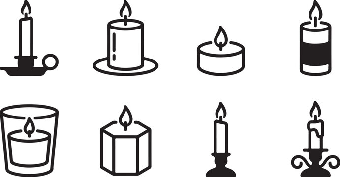 Set of eight different style candles with lit wicks in minimalist black and white vector icons Vector