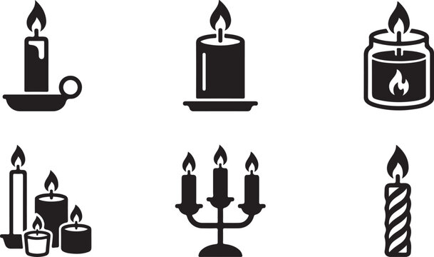 Set of six stylish black and white candle icons with flames Vector